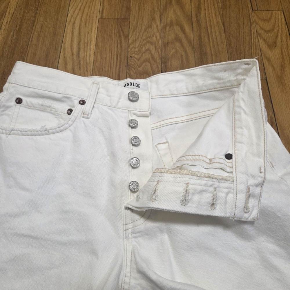 Agolde Parker Long High Rise Cut Off Raw Hem Jean Shorts Creamy White Size 27 - Picture 3 of 10